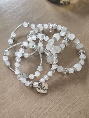 White Beaded Stretch Bracelet Set with Heart Charm